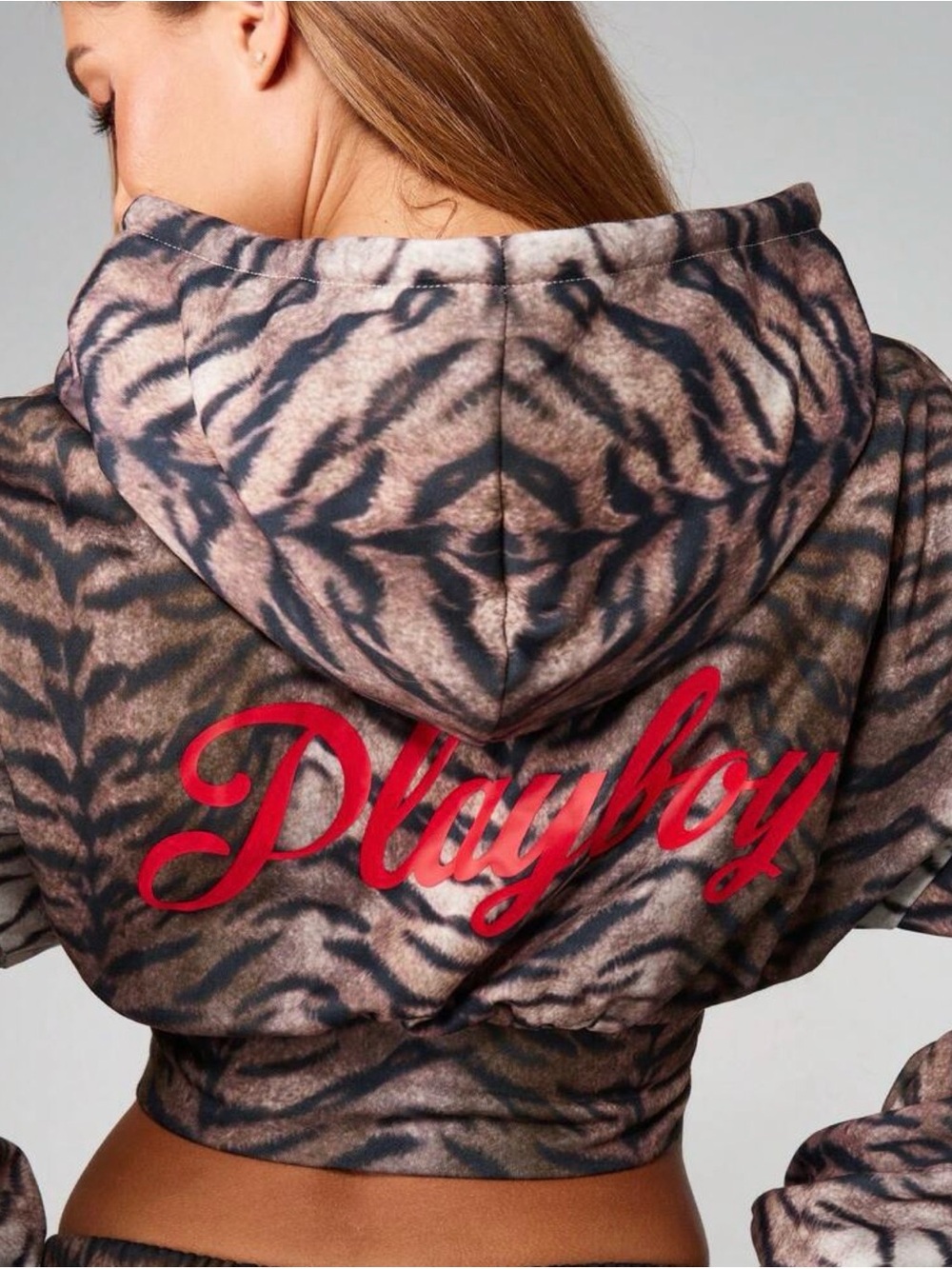 PLAYBOY Tiger-Print Cropped Hoodie with Red Logo